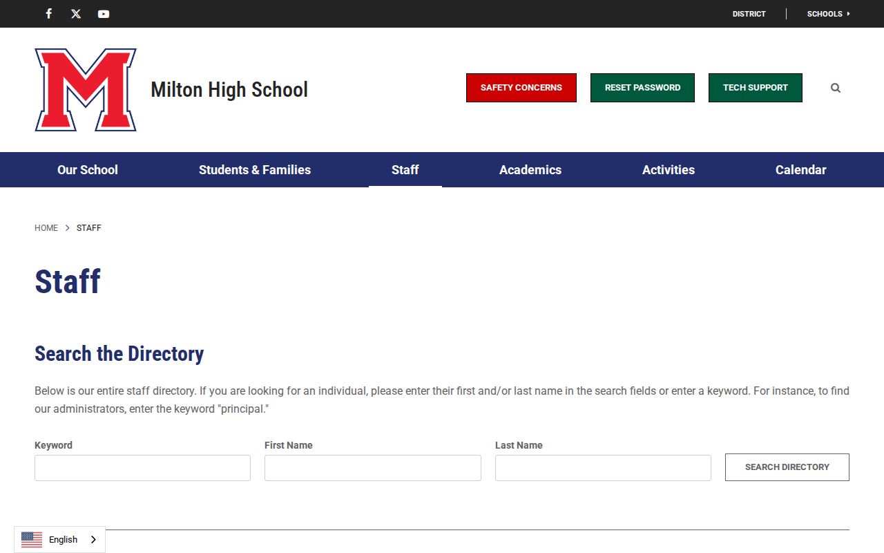 Milton people directories screenshot of Milton High School staff search